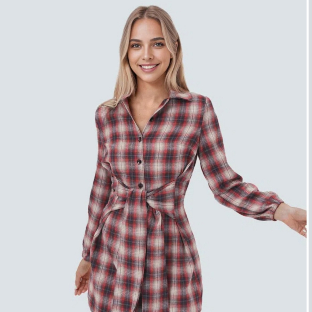 Collared Button Tie Front Long Sleeve Plaid Mini Casual Dress